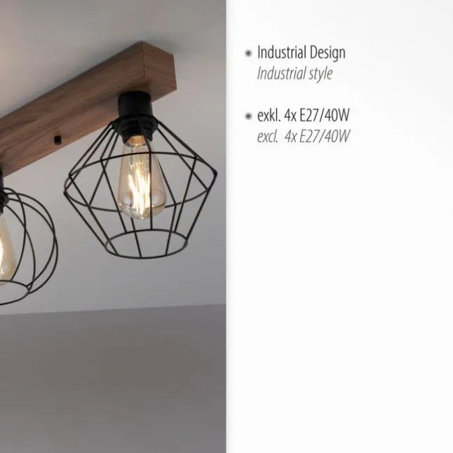 LED Deckenleuchte 4 flammig Holzdekor schwarze Metallschirme rustikal