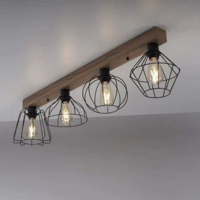 LED Deckenleuchte 4 flammig Holzdekor schwarze Metallschirme rustikal