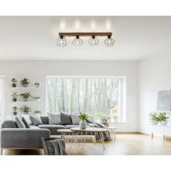 LED Deckenleuchte 4 flammig Holzdekor schwarze Metallschirme rustikal