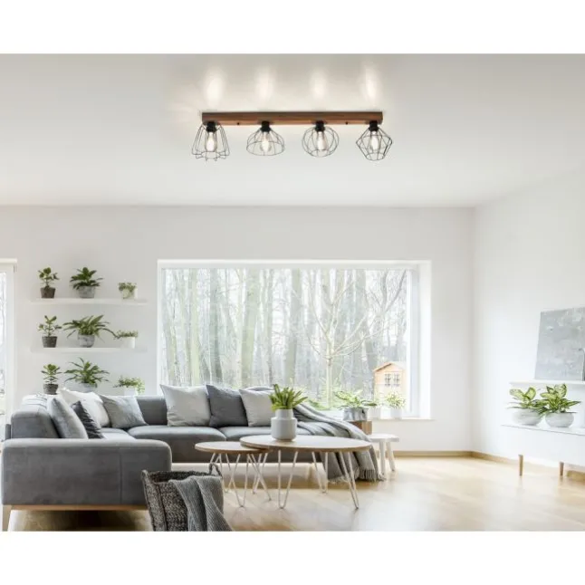 LED Deckenleuchte 4 flammig Holzdekor schwarze Metallschirme rustikal