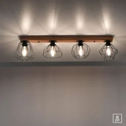 LED Deckenleuchte 4 flammig Holzdekor schwarze Metallschirme rustikal