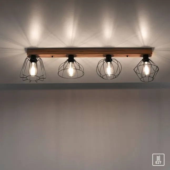 LED Deckenleuchte 4 flammig Holzdekor schwarze Metallschirme rustikal