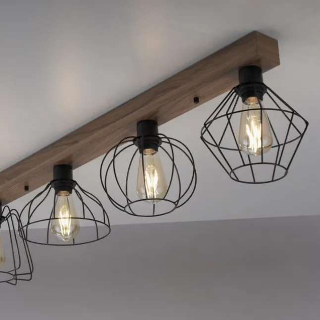 LED Deckenleuchte 4 flammig Holzdekor schwarze Metallschirme rustikal