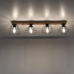 LED Deckenleuchte 4 flammig Holzdekor schwarze Metallschirme rustikal