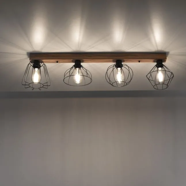 LED Deckenleuchte 4 flammig Holzdekor schwarze Metallschirme rustikal