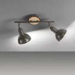 LED Deckenleuchte 2-flammig Metall Holz-natur grau Spots schwenkbar