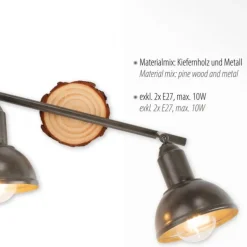 LED Deckenleuchte 2-flammig Metall Holz-natur grau Spots schwenkbar