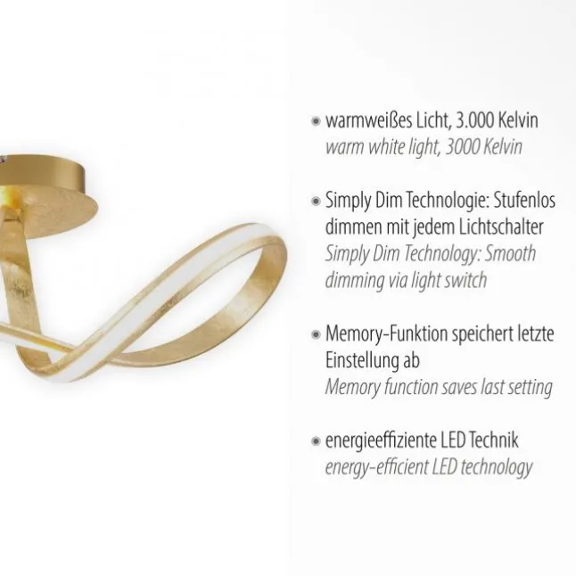LED Deckenleuchte, goldfarben, elegant, geschwungener Leuchtkörper, modern