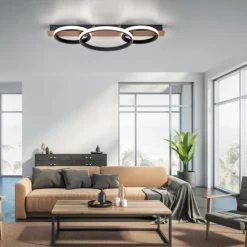LED Deckenleuchte, Holzdekor, 3 Ringe, schwarz, modern