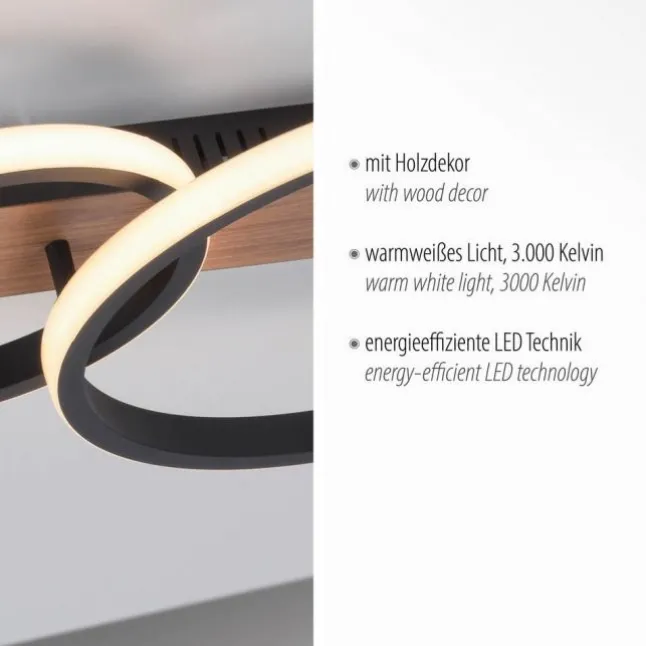 LED Deckenleuchte modern mit Holzdekor, 53 x 30 cm,