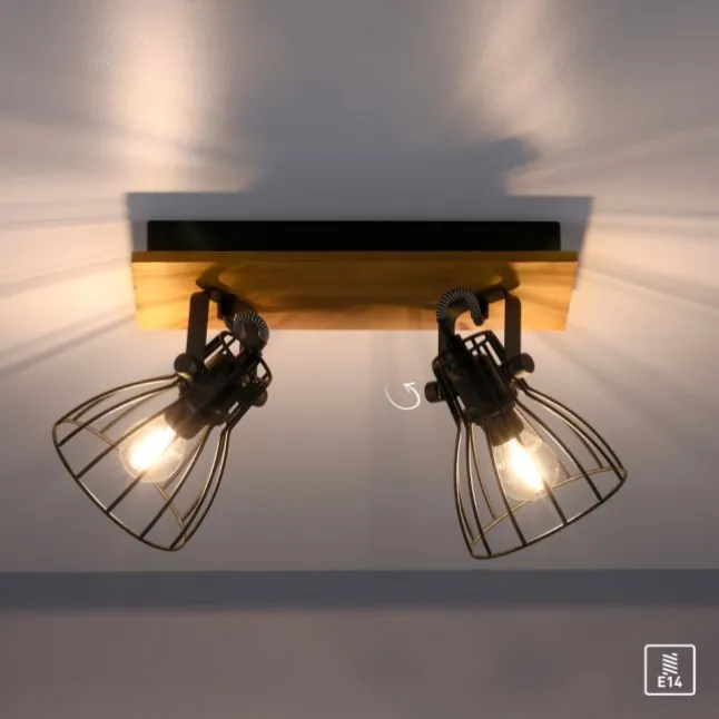 LED Deckenleuchte Naturholz schwarz 2 flammig drehbar Industrie Design