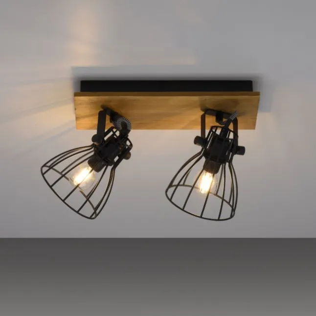 LED Deckenleuchte Naturholz schwarz 2 flammig drehbar Industrie Design