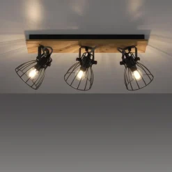 LED Deckenleuchte Naturholz schwarz 3 flammig drehbar Industrie Design