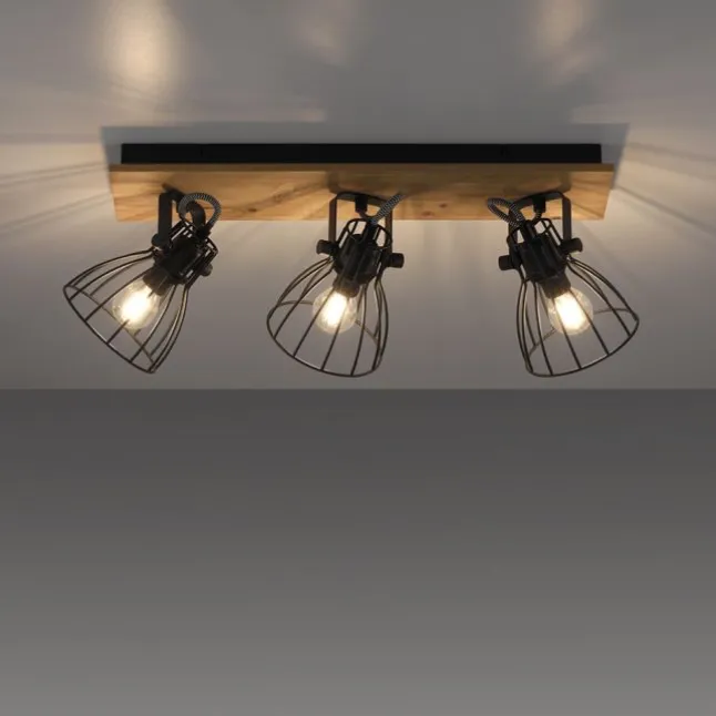 LED Deckenleuchte Naturholz schwarz 3 flammig drehbar Industrie Design