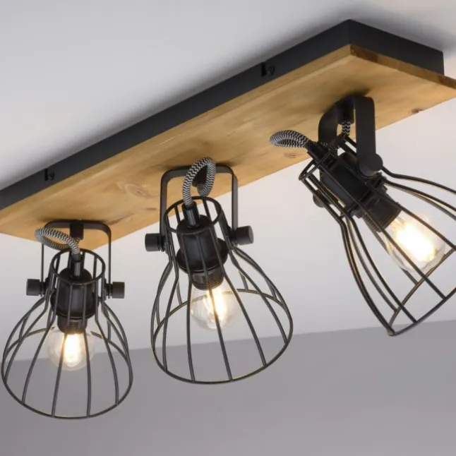 LED Deckenleuchte Naturholz schwarz 3 flammig drehbar Industrie Design