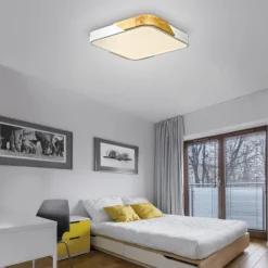 LED Deckenleuchte quadratisch weiß mit Holzdekor zeitloses Design