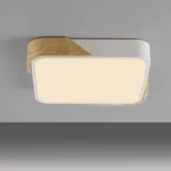 LED Deckenleuchte quadratisch weiß mit Holzdekor zeitloses Design