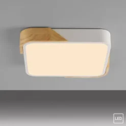 LED Deckenleuchte quadratisch weiß mit Holzdekor zeitloses Design
