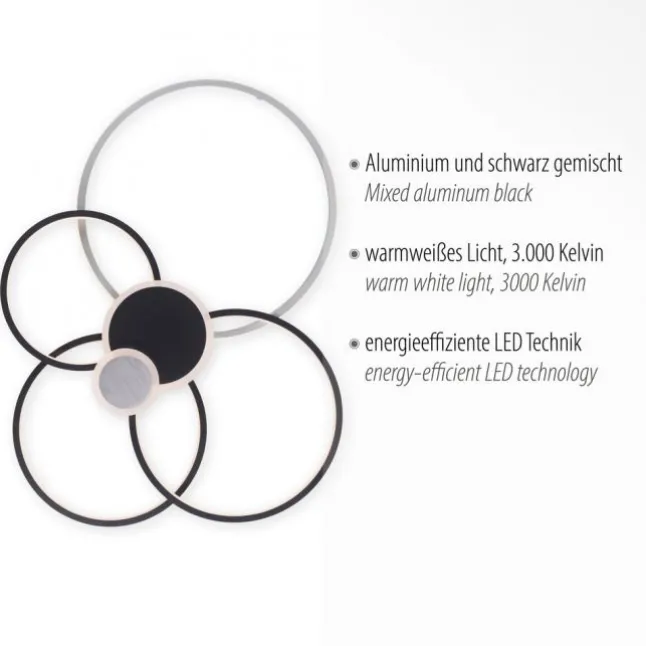 LED Deckenleuchte rund mit 6 Lichtkreisen schwarz aluminium warmweiß