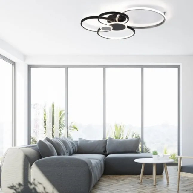 LED Deckenleuchte rund mit 6 Lichtkreisen schwarz aluminium warmweiß