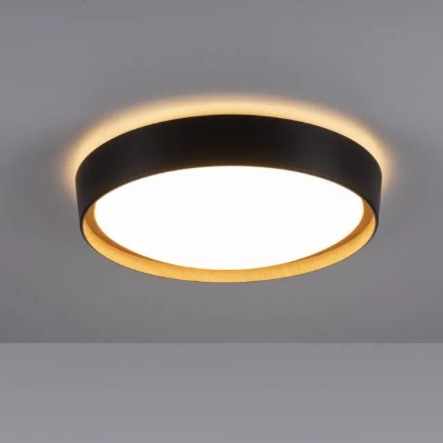 LED Deckenleuchte, rund, schwarz, dimmbar, Holzoptik, warmweiß, Deckenlampe