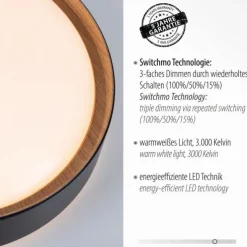 LED Deckenleuchte, rund, schwarz, dimmbar, Holzoptik, warmweiß, Deckenlampe