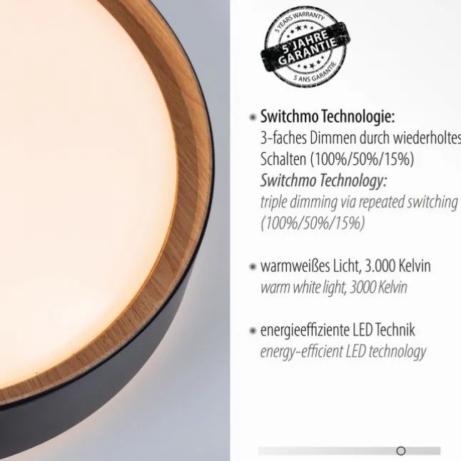 LED Deckenleuchte, rund, schwarz, dimmbar, Holzoptik, warmweiß, Deckenlampe