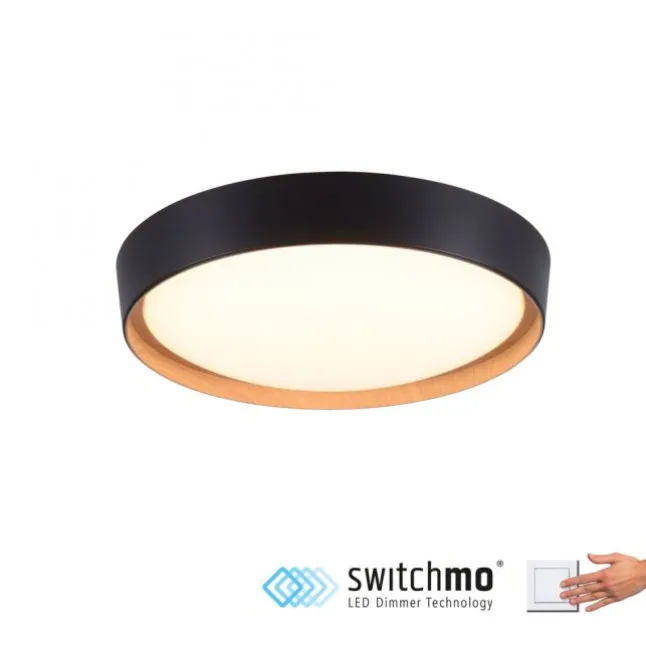 LED Deckenleuchte, rund, schwarz, dimmbar, Holzoptik, warmweiß, Deckenlampe