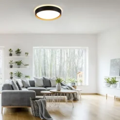 LED Deckenleuchte, rund, schwarz, dimmbar, Holzoptik, warmweiß, Deckenlampe
