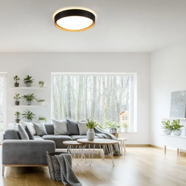 LED Deckenleuchte, rund, schwarz, dimmbar, Holzoptik, warmweiß, Deckenlampe