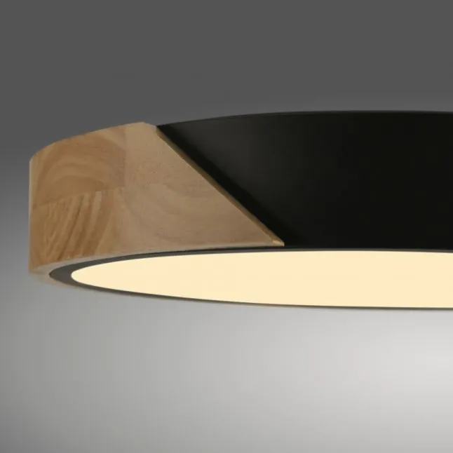 LED Deckenleuchte rund schwarz mit Holzdekor zeitloses Design