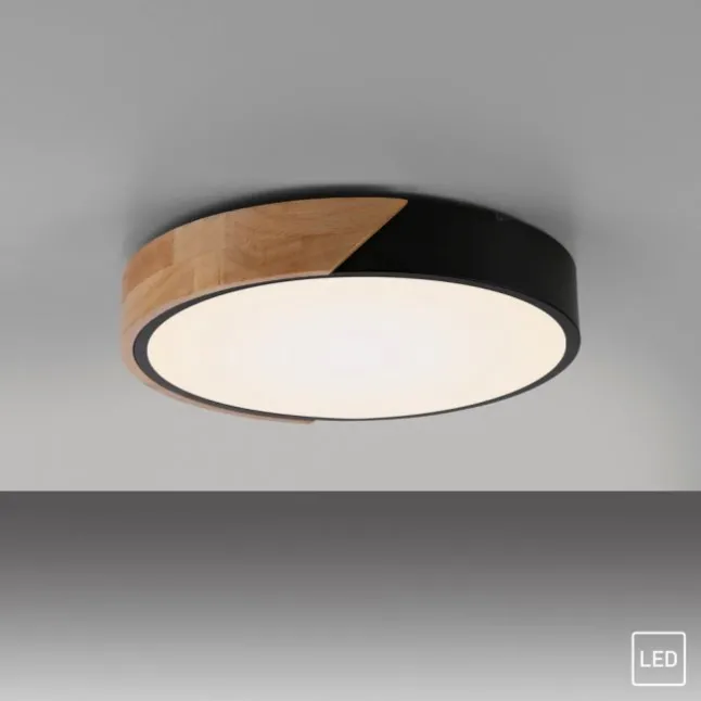 LED Deckenleuchte rund schwarz mit Holzdekor zeitloses Design