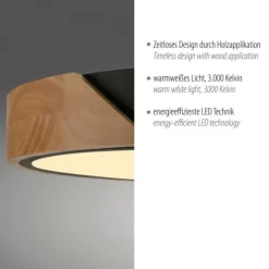 LED Deckenleuchte rund schwarz mit Holzdekor zeitloses Design