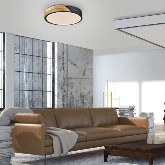 LED Deckenleuchte rund schwarz mit Holzdekor zeitloses Design