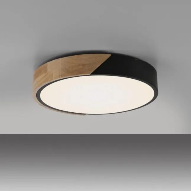 LED Deckenleuchte rund schwarz mit Holzdekor zeitloses Design