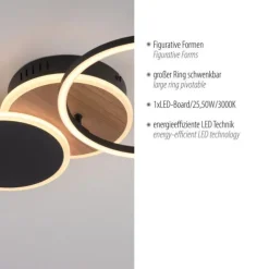 LED Deckenleuchte rund schwarz mit Holzdekor schwenkbar modern