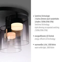 LED Deckenleuchte schwarz dimmbar in 3 Stufen Rauchglas Schlafzimmer