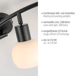 LED Deckenleuchte schwarz 4 flammig schwenkbar Opalglas Spots Schlafzimmer Flur