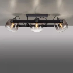 LED Deckenleuchte schwarz 3 flammig Holz Rauchglas Retro Look