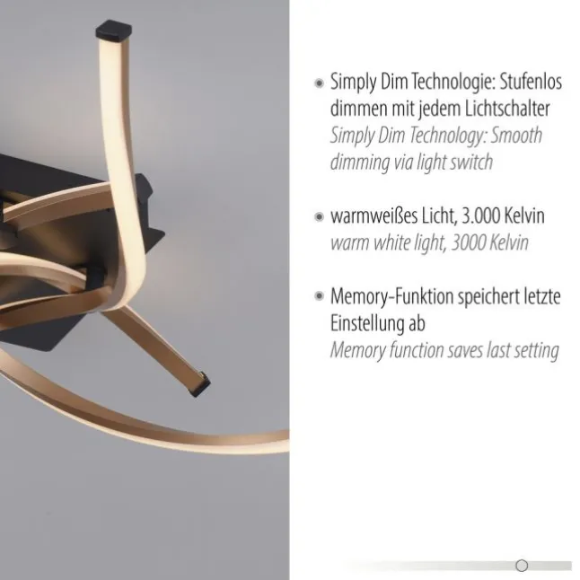 LED Deckenleuchte schwarz gold stufenlos dimmbar Memoryfunktion geschwungen