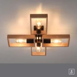 LED Deckenleuchte, schwarz, Holzrahmen, Metall, 4 flammige Deckenlampe