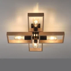 LED Deckenleuchte, schwarz, Holzrahmen, Metall, 4 flammige Deckenlampe