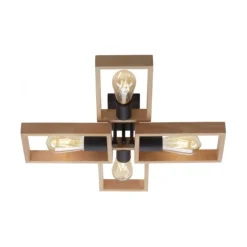 LED Deckenleuchte, schwarz, Holzrahmen, Metall, 4 flammige Deckenlampe