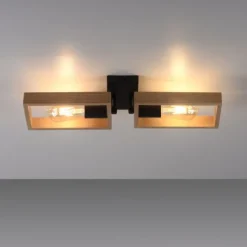 LED Deckenleuchte, schwarz, Holzrahmen, Metall, 2 flammige Deckenlampe