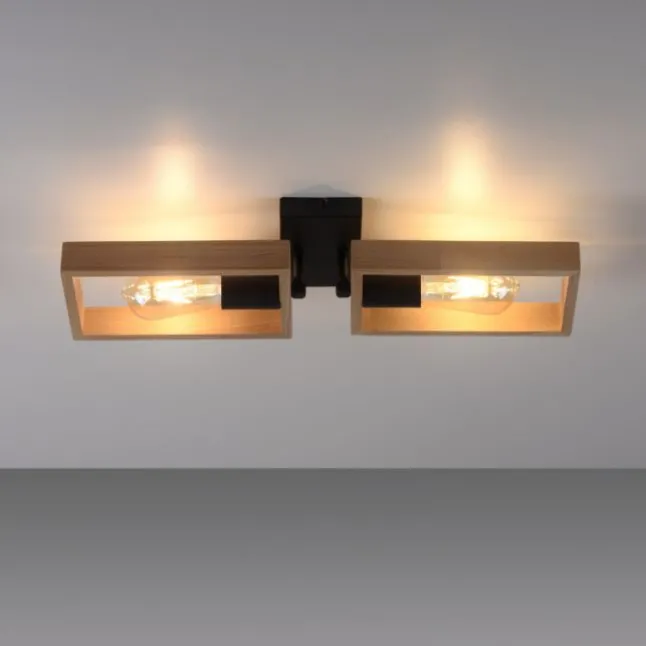LED Deckenleuchte, schwarz, Holzrahmen, Metall, 2 flammige Deckenlampe