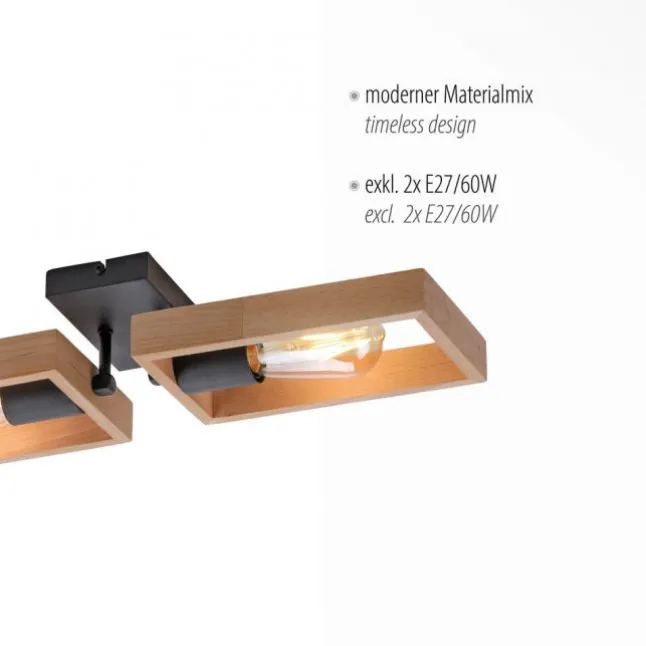 LED Deckenleuchte, schwarz, Holzrahmen, Metall, 2 flammige Deckenlampe