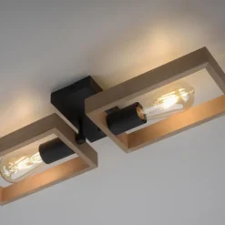 LED Deckenleuchte, schwarz, Holzrahmen, Metall, 2 flammige Deckenlampe