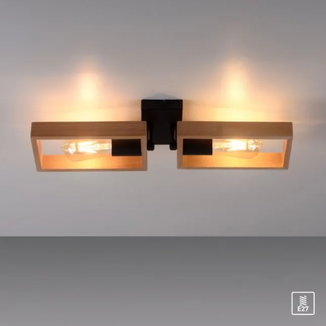 LED Deckenleuchte, schwarz, Holzrahmen, Metall, 2 flammige Deckenlampe