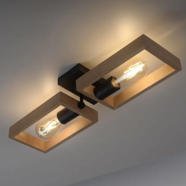 LED Deckenleuchte, schwarz, Holzrahmen, Metall, 2 flammige Deckenlampe