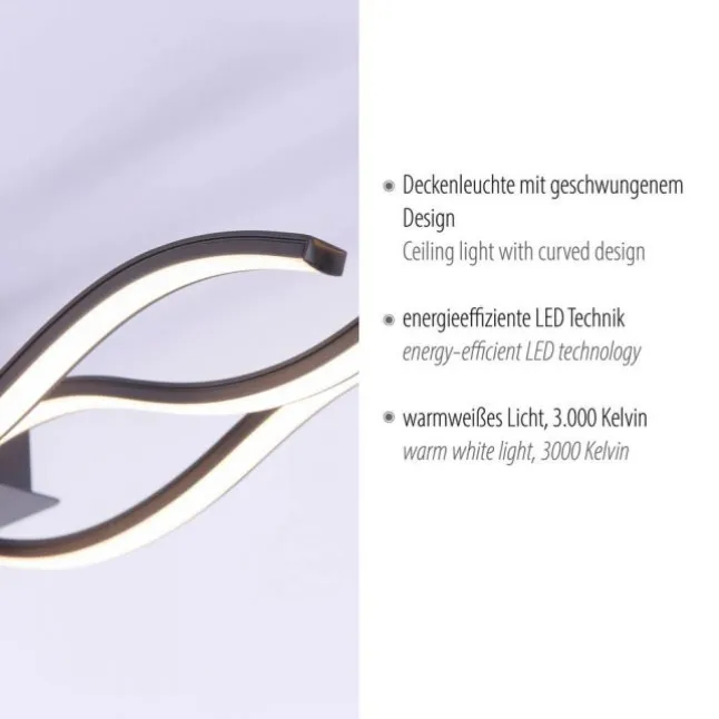 LED-Deckenleuchte, schwarz, 3 Leuchtarme, Wellenform, warmweiße Lichtfarbe